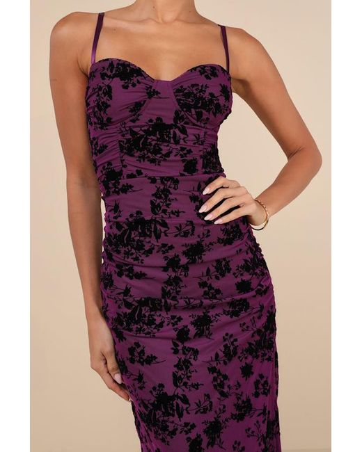 Lulus Purple Decadent Flirt Mesh Velvet Ruched Bodycon Midi Dress