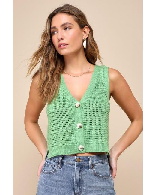 Lulus Green Aesthetic Ease Pierced Knit Button-Front Cropped Tank Top