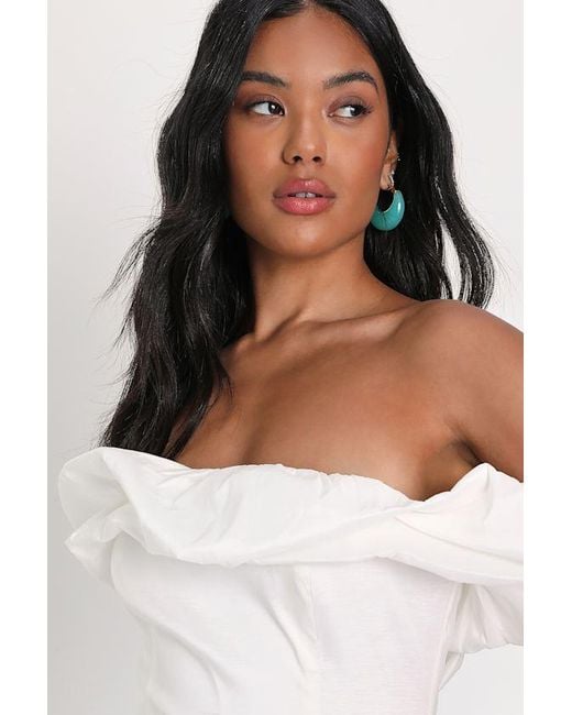Lulus White Fanciful Feat Taffeta Off-The-Shoulder Bodycon Mini Dress