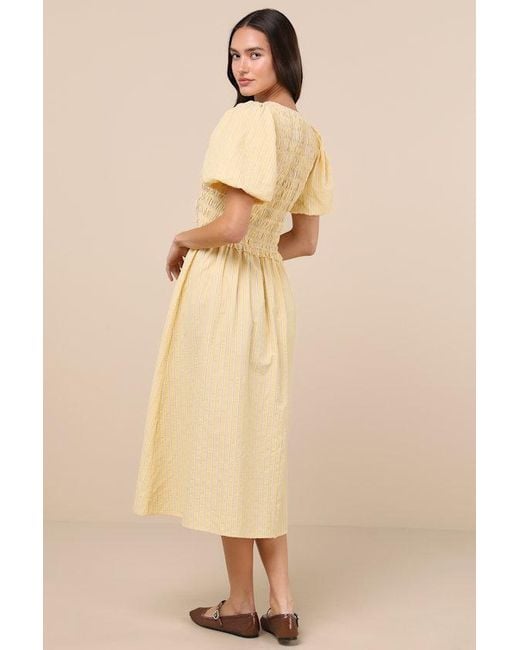 Extro & Vert Natural Sara Striped Smocked Puff Sleeve Midi Dress