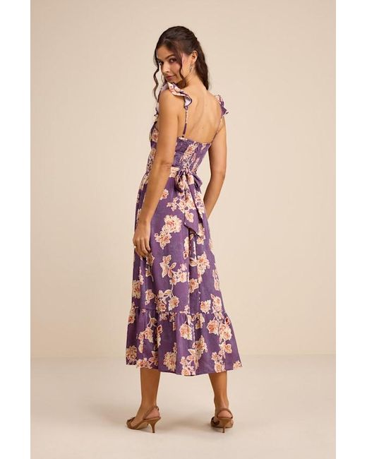 Lulus Purple Sweet Like Sangria Floral Ruffled Bustier Midi Dress