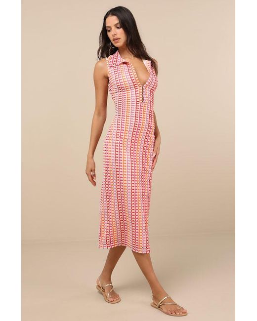 Lulus Pink Nivara Cream And Multi Crochet Collared Midi Dress