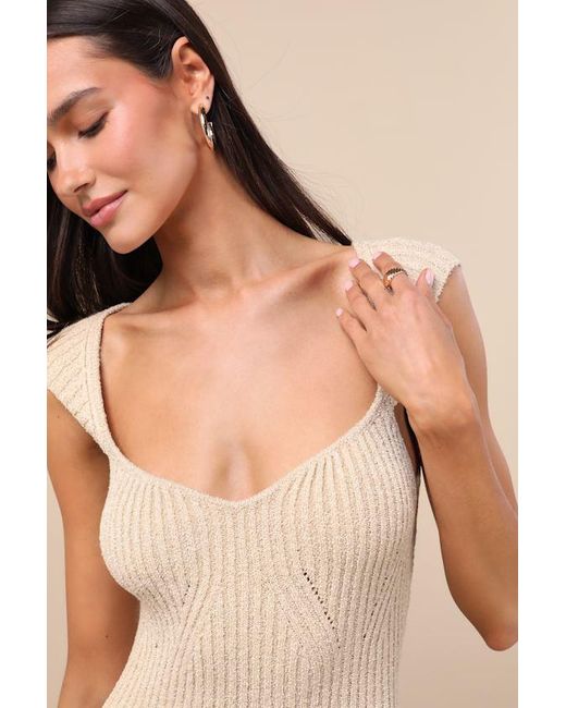 Lulus Natural Chiara Ribbed Knit Cap Sleeve Midi Dress