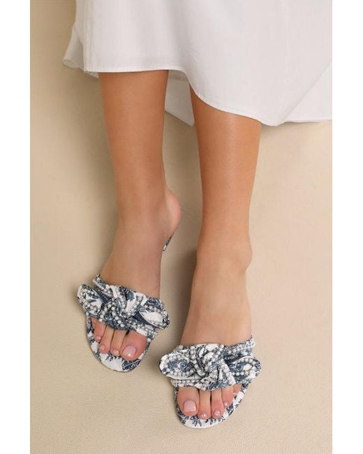 Steve Madden Blue Misha Multi Floral Knotted Pearl Slide Sandals