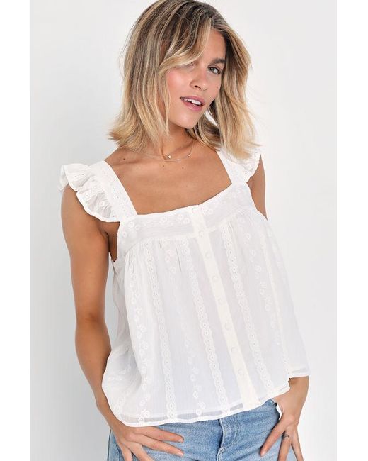Lulus White Angelic Sweetie Ruffled Embroidered Button-Front Top