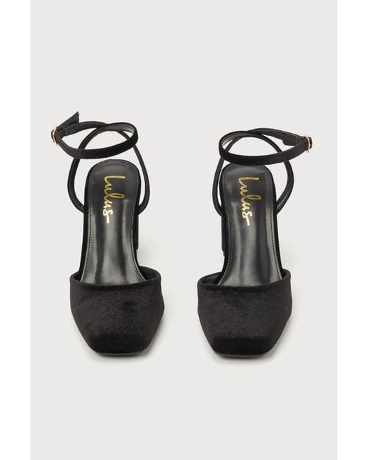 Lulus Black Izzori Velvet Square Toe Ankle Strap Heels