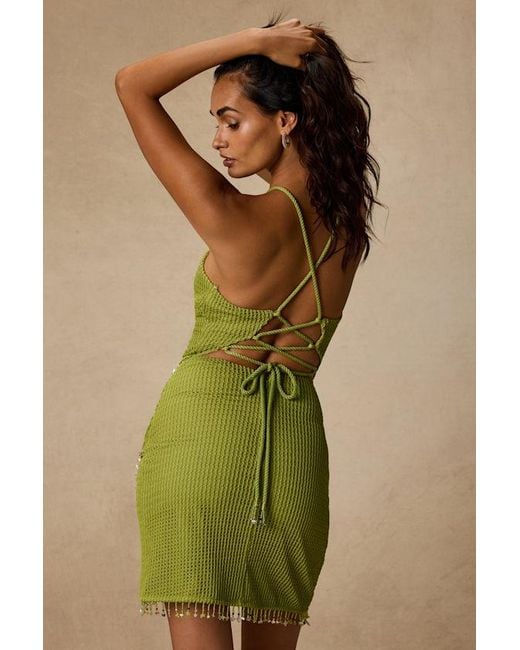 Lulus Green Prima Lime Knit Beaded Lace-Up Mini Dress