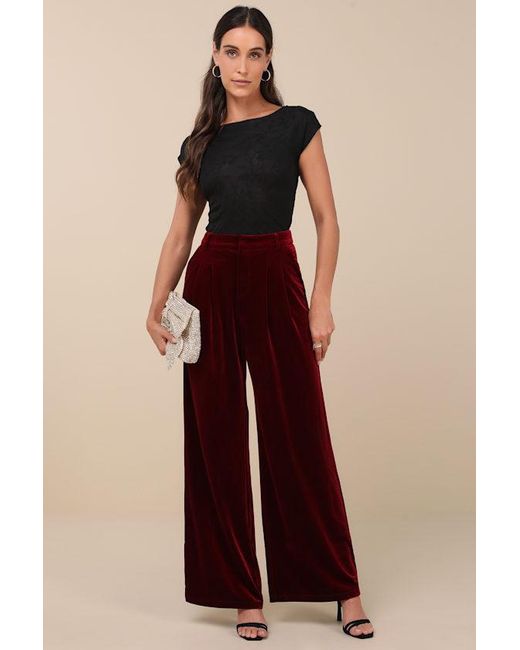 Lulus Red Chic Splendor Velvet Pleated High-Rise Wide-Leg Pants