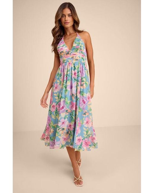Lulus Blue Danelle Floral Halter A-Line Midi Dress