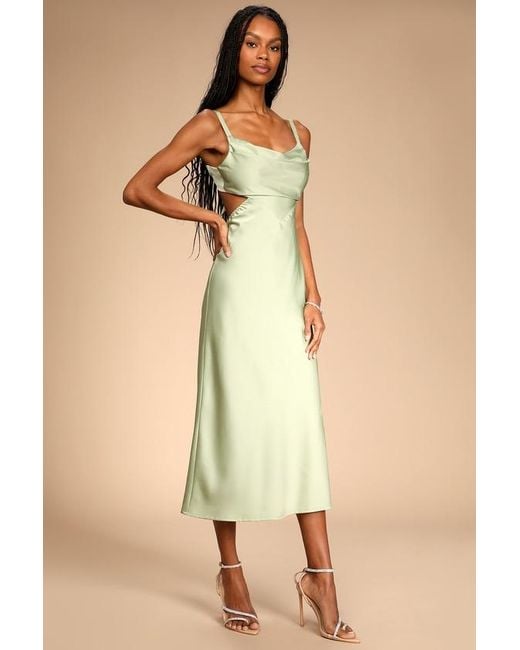 Lulus Natural Stun To Remember Sage Satin Cowl Neck Cutout Midi Dress