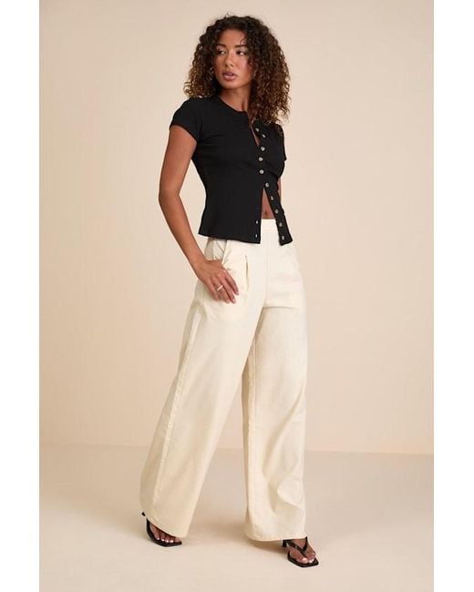 Lulus Black Annalena Ribbed Button-Front Short Sleeve Top