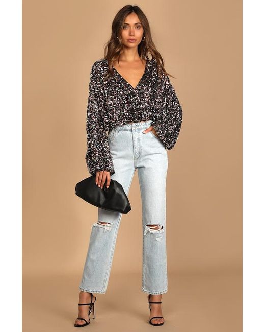 Lulus Pink Keep Dazzling Multi Sequin Long Sleeve Crop Top