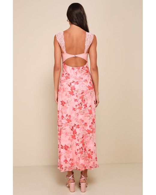 Lulus Pink Endlessly Cute Floral Mesh Cutout Lace Bustier Maxi Dress