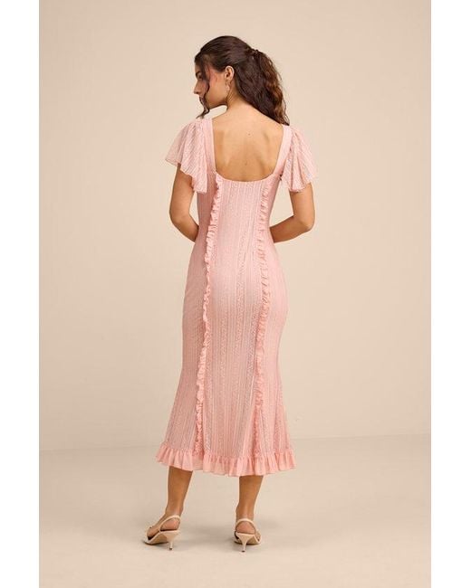 Lulus Pink Aviara Lace Ruffled Flutter Sleeve Midi Dress