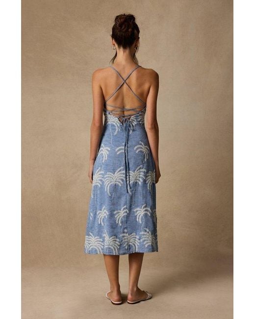 Lulus Blue Destin Embroidered Lace-Up Midi Dress