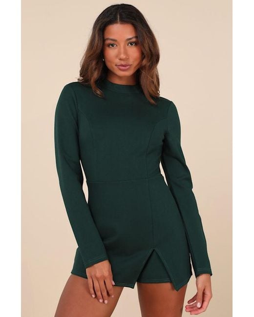 Lulus Green Undeniably Stylish Emerald Backless Long Sleeve Skort Romper