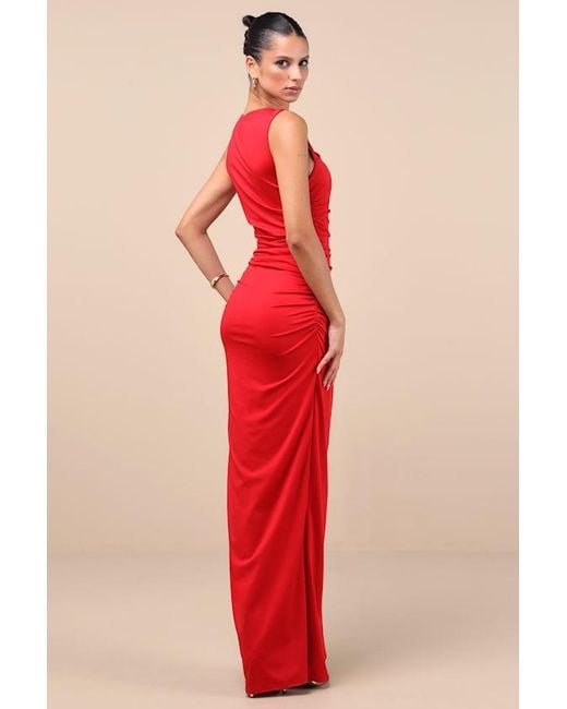 Lulus Red Enticing Darling Asymmetrical Ruched Maxi Dress