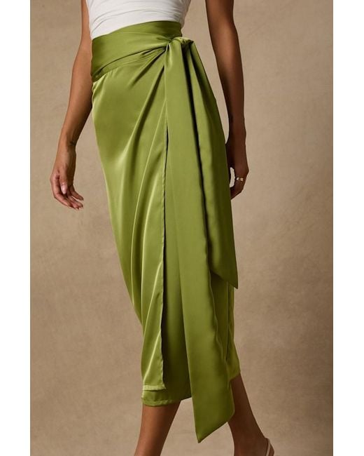 Lulus Green Take A Walk With Me Satin Wrap Midi Skirt
