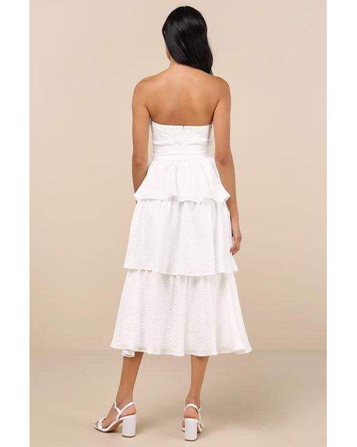 Lulus Natural Truly Marvelous Jacquard Strapless Tiered Midi Dress