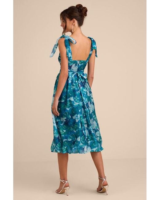 Lulus Blue Flowering Day Dream Floral Organza Midi Bubble Dress
