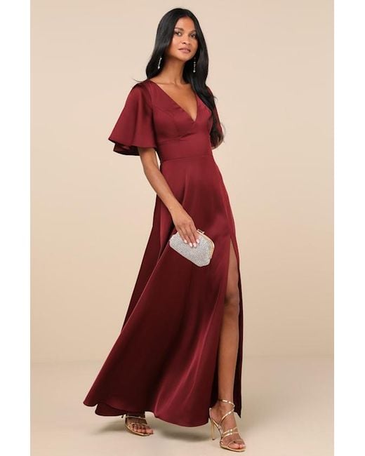 Lulus Red Elegant Confidence Satin Flutter Sleeve Cutout Maxi Dress
