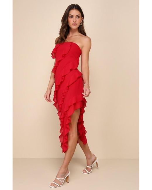 Lulus Red Haute Date Chiffon Ruffled Strapless Midi Dress