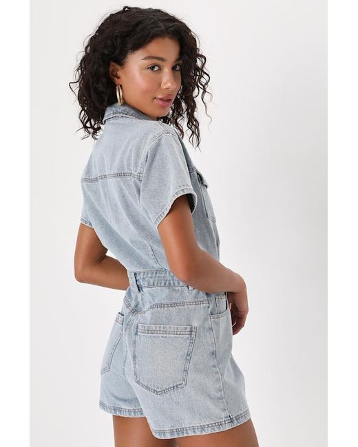 Lulus Blue Festival Feelin' Light Wash Short Sleeve Denim Romper