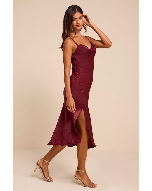 Lulus Natural Slinking Out Loud Satin Side Button Slip Dress