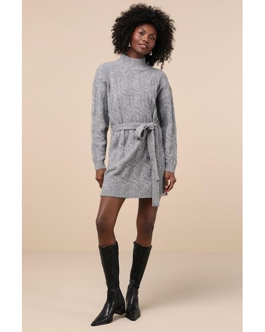 Lulus Blue Warmed Up To You Cable Knit Mock Neck Sweater Dress