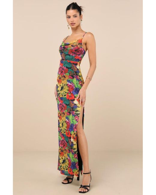 Lulus Blue Sunniva Multi Print Mesh Cowl Maxi Dress