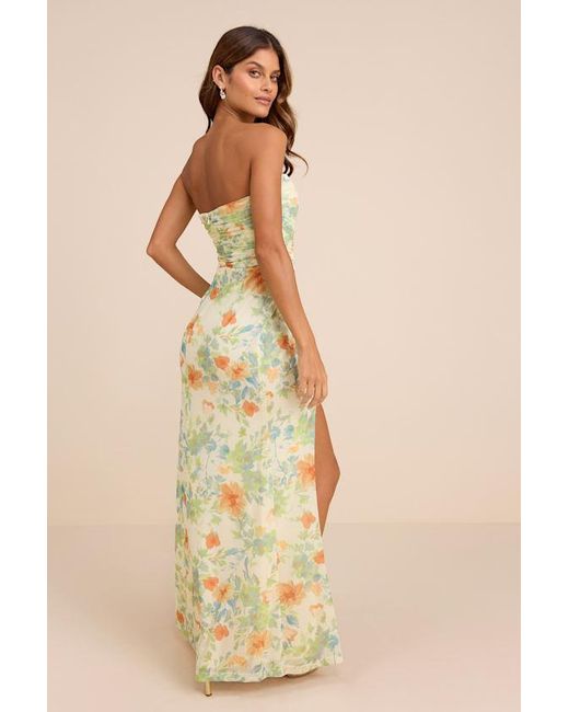 Lulus Natural Epitome Of Allure Lime Floral Mesh Strapless Ruched Maxi Dress