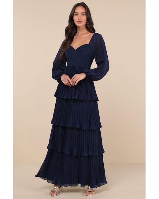 Pleated Balloon Sleeve Maxi Dress Navy