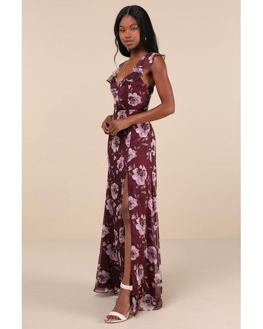 Lulus Red Sweetest Entrance Plum Floral Ruffled Tie-Back Maxi Dress