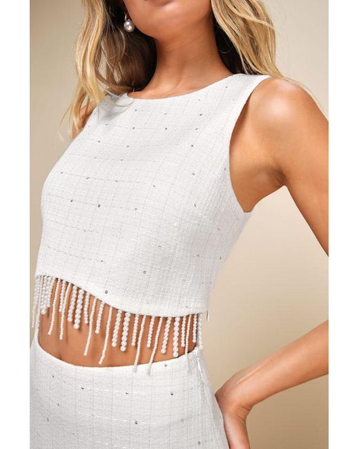 Lulus White Voguish Ways Tweed Pearl Fringe Crop Top