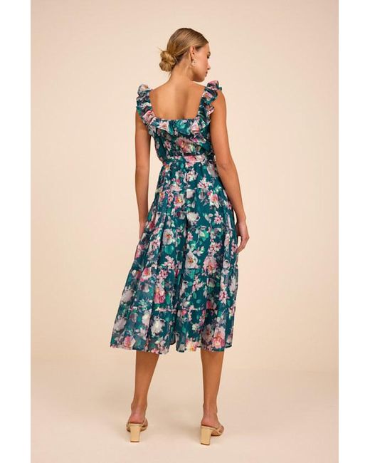 Lulus Blue Shela Floral Jacquard Tiered Midi Dress