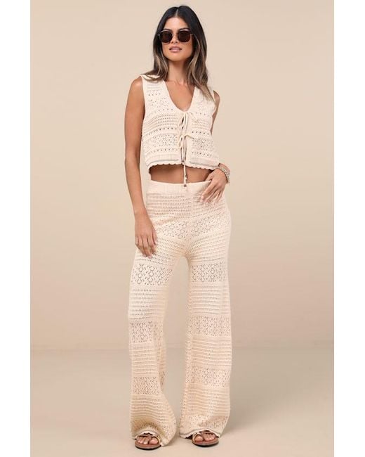 Lulus Natural Desta Crochet Knit Tie-Front Crop Tank Top