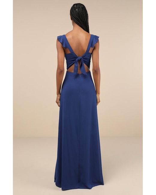 Lulus Blue Delightful Loveliness Dark Ruffled Tie-Back Maxi Dress