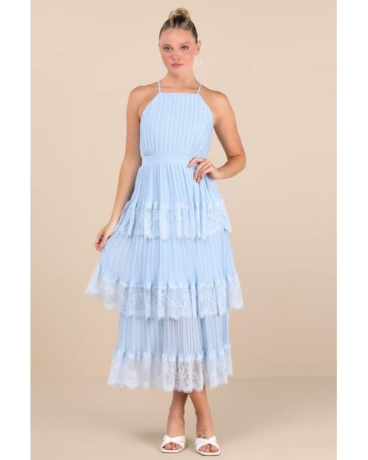 Lulus Blue Came For Cocktails Pleated Tiered Lace Maxi Dress