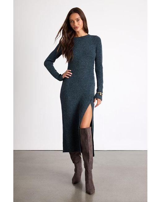 Lulus Blue Rileynn Heathered Dark Ribbed Sweater Midi Dress