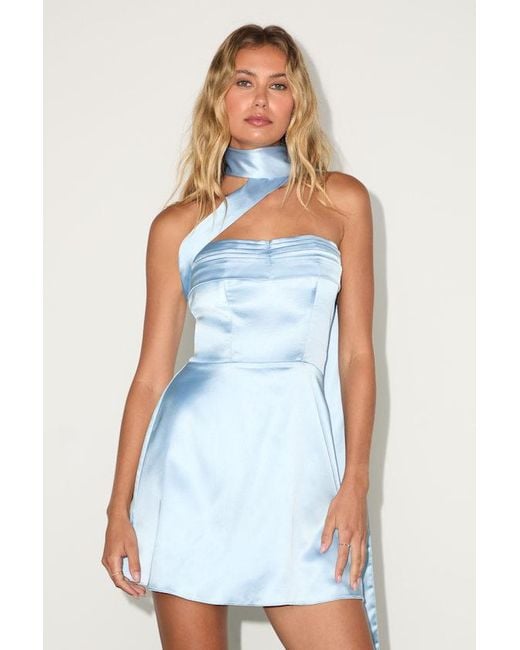 Lulus Avril Satin Sash Scarf Mini Dress in Blue | Lyst