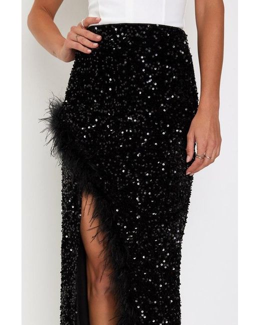 Lulus Black Luminous Aura Sequin Feather High-Rise Tulip Midi Skirt