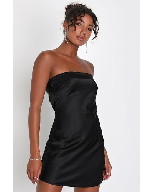 Lulus Black Exquisite Approach Satin Strapless Cowl Back Mini Dress