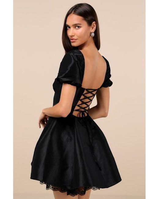 Lulus Black Enchanting Presence Taffeta Lace Puff Sleeve Mini Dress