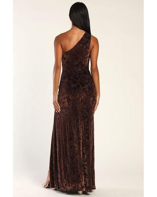 Lulus Purple Marvelous Moi Dark Plum Burnout Velvet One-Shoulder Maxi Dress