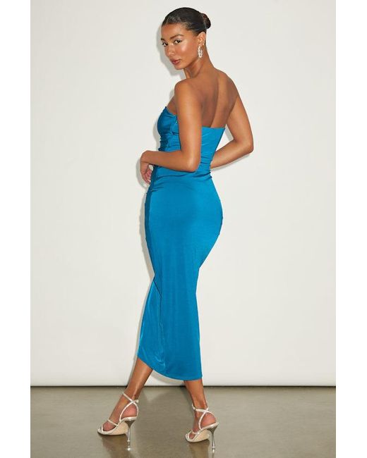 Lulus Blue Eliska Slinky Drawstring Ruched Strapless Midi Dress