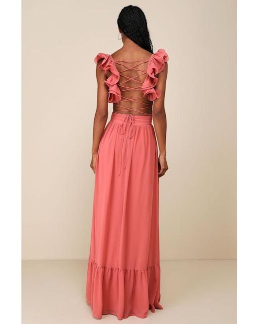 Lulus Red Soiree Celebration Rusty Rose Ruffled Lace-Up Maxi Dress