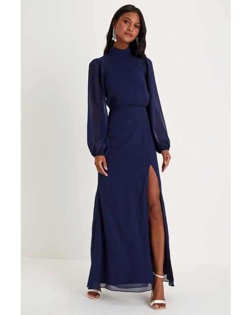 Lulus Blue Graceful Entrance Long Sleeve Backless Maxi Dress