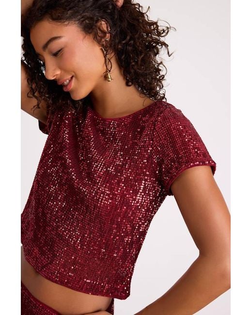 Lulus Red Isotta Sequin Short Sleeve Crop Top