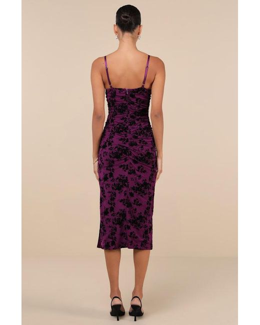 Lulus Purple Decadent Flirt Mesh Velvet Ruched Bodycon Midi Dress