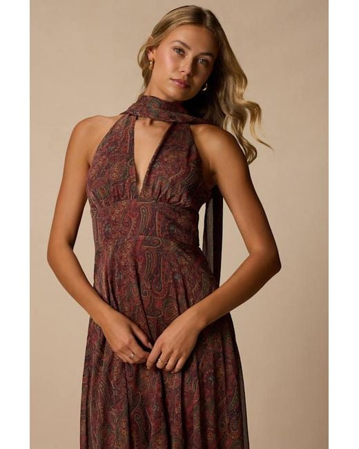 Lulus Brown Kylinda Rust Multi Paisley Midi Dress And Scarf Set